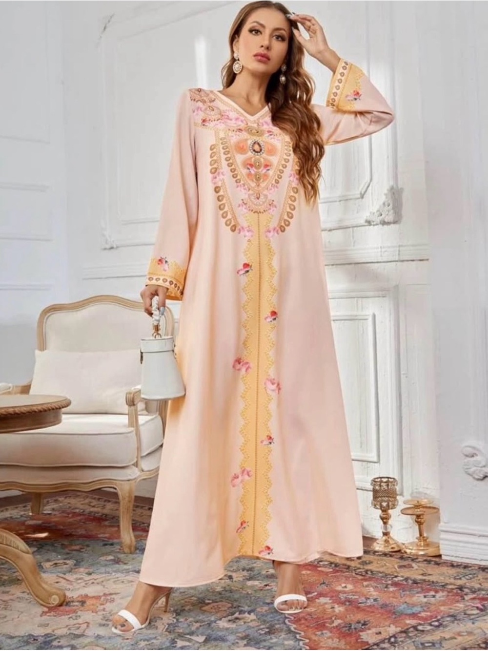 Embroidered Peach Maxi Dress with Gold Accents